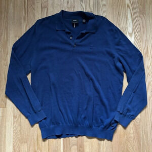 Strellson | Blue 1/4 Button Up Collared Cotton/Silk/Cashmere Long Sleeve Sweater